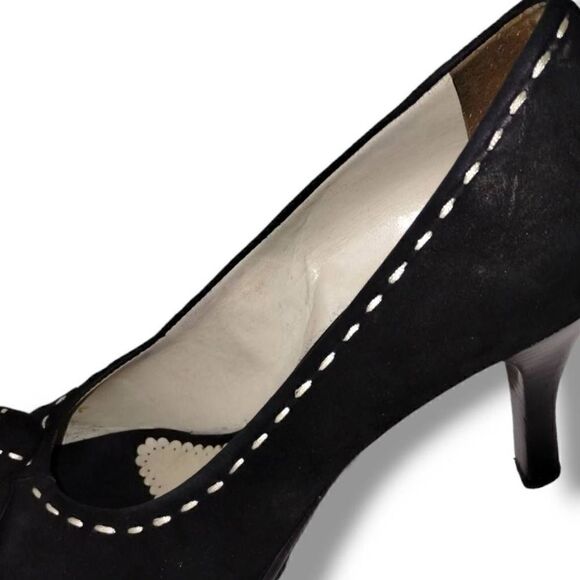 Franco Sarto Womens Black Suede Heel Size 8.5 Open Toe White Stitching 3" Heel - Picture 7 of 11